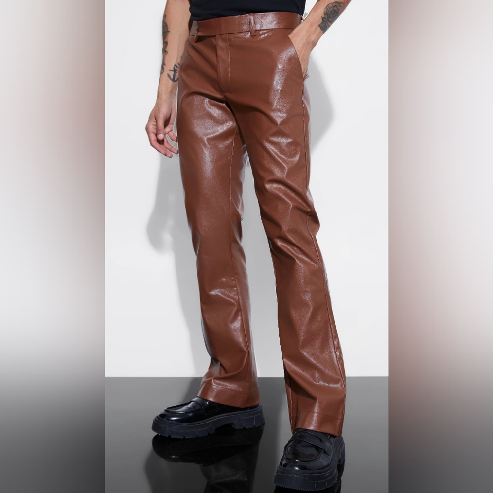 Boohoo Man slim flare tailored pants, faux leather, 30 waist, brown